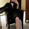 Camisa de Manga Larga con Cuello Halter de Cinta Estilo Retro Hong Kong Falda Larga de Cadera Alta con Abertura Traje Nuevo de Moda Otoño para Mujer