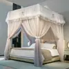 Mosquitero de pie estilo princesa de palacio con apagón y tres puertas, marco grueso desmontable, dosel de cama bordado de doble capa anti-mosquitos
