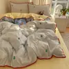 Conjunto de Roupa de Cama Floral Bordada Fresca e Simples de Quatro Peças, Lençol de Algodão Lavado, Conjunto de Roupa de Cama para Quarto Principal Estilo Ins de Três Peças