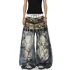 Marca de moda transfronteriza estilo americano, cinturón de cadena con efecto desgastado impreso en 3D, ligeramente acampanado, diseño unisex, pantalones de pierna ancha, jeans de mezclilla de moda