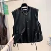 Colete de couro elegante e sofisticado sem mangas para mulheres, nova coleção outono 2026, com cordão na barra, caimento solto, peça de sobreposição versátil