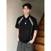 Camisa Polo Listrada Patchwork de Manga Curta Estilo Americano para Homens, Camiseta Casual Tendência Jovem de Meia-Manga Estilo College Solta