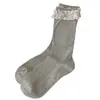 Calcetines con Lazo de Encaje para Mujer Calcetines con Volantes de Media Pantorrilla Estilo Primavera/Otoño Blanco-Gris Aguja Doble Estilo Ballet Combinar con Zapatos Pequeños de Cuero