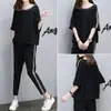 En stock: Nuevo conjunto deportivo casual de verano para mujer de Europa, estilo coreano, manga media, corte holgado, efecto adelgazante, conjunto de dos piezas, negro