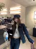 Chaqueta de mezclilla azul retro americana para mujer, nueva chaqueta corta casual de otoño 2025 con cuello de solapa para figuras petite