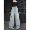 Nuevos Pantalones Anchos Rasgados de Calle Primavera/Verano 2026 para Mujer Azul Claro Estilo Retro Chica Picante Jeans Rectos de Corte A