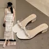 Pantuflas de Tacón Grueso Estilo Francés para Mujer, Moda Tendencia Verano 2026 Sandalias de Tacón Medio Bajo Elegantes de Cristal de Tacón Alto