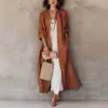 Casaco Longo Texturizado Cor Caramelo Outono 2026 Transfronteiriço com Bolsos, Manga Longa Casual, Roupa Externa Longa Lateral Protetora do Sol para Mulheres