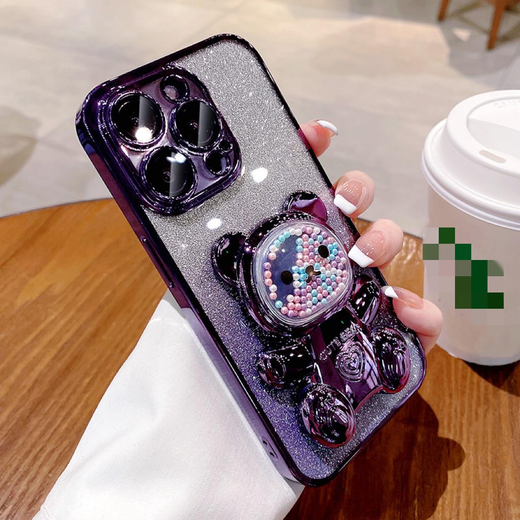 SKU-07-紫色-电镀软壳-带镜头膜_彩珠熊支架_渐变闪粉