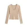 Camiseta Sexy de Manga Larga con Cuello en U y Forro de Felpa Otoño e Invierno Nueva Elegante Versátil Ajustada de Color Sólido Camiseta Base para Mujer