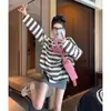 0693 # Moletom de Fio Duplo Listrado 230g 2026 Outono Novo Camiseta Top Manga Longa Gola Redonda Fina Estilo Coreano Roupas Femininas