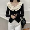 Camiseta Básica Francesa con Cuello en V con Volantes Otoño e Invierno Nueva Camiseta de Punto Sentido de Alta Gama Cárdigan Corto Ajustado Top de Punto