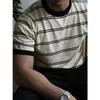 Suéter de verano de manga corta con rayas blancas y negras para hombre, cuello redondo, estilo coreano, fresco, ajustado, informal, combinable con todo, de seda elástica.