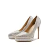 1263-8 Zapatos de Tacón Alto Champagne Completamente Tachonados para Mujer Punta Fina Plataforma Tachuelas Brillantes Zapatos Bajos de Boda Zapatos de Banquete Venta al por Mayor