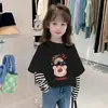 Nova Camiseta Top de Manga Longa Color Block de Algodão Puro para Primavera e Outono para Meninos e Meninas, Camiseta Base Estilosa Falsa de Duas Peças