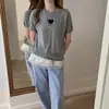 Moda estilo coreano top de malha jovem com formato de coração, gola redonda, manga curta, para primavera-verão, casual, macio, solto, versátil, modelador