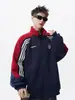 Suéter cárdigan corto nuevo de estilo americano para pareja de otoño, chaqueta casual con cuello alto, colorblock deportivo, negro