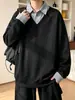 Top de cuello de camisa pesado, polo 2026, estilo retro americano de moda, diseño de dos piezas simulado, nueva sudadera de otoño para hombre