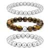 Pulseira de Ágata Negra Cruzada Rocha Vulcânica Obsidiana Conjunto de Três Peças Contas Redondas Foscas Pulseira Elástica Masculina Joia da Moda