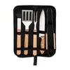 Conjunto de Ferramentas para Churrasco de Camping, Conjunto de Churrasco para Exterior com Faca e Garfo para Bife de Cabo de Madeira, Conjunto de Utensílios para Churrasco em Combinação de Tecido