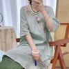 Cheongsam Melhorado Estilo Novo Primavera e Verão Novo Estilo Chinês Algodão e Linho Bordado Retrô Zen Traje de Chá Vestido de Manga Média para Mulheres