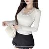 Camiseta Top de Encaje con Base de Cepillo con Almohadilla en el Pecho Camiseta de Manga Larga con Hilo para Mujer Deseo Puro Chica Picante Ajustada Moda Interior