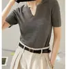 Suéter de lana peinada con cuello en V, color liso, para mujer, fino, de media manga, ajustado, para uso diario, primavera/verano, de punto, de manga corta.