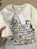 Camiseta Blanca y Gris de Manga Corta, Dulce, de Moda, Versátil, Adelgazante, de Corte Holgado, Estilo Harajuku Casual Perezoso de Verano, Top de Cuello Redondo