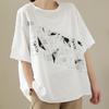 Sudeste Asiático Transfronteiriço Primavera e Outono Tamanho Grande Solto Elegante Casual Estilo Ocidental Redutor de Idade Algodão e Linho Estampado Manga Média Camiseta Top