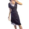 Vestido de Verano para Mujer de Manga Corta con Cuello Halter, Estampado a Cuadros, Cordón, Retazos, Cintura Alta, Corte Ajustado, Irregular, Largo, con Apariencia de Alta Gama, Falso Dos Piezas