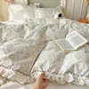 Juego de cuatro piezas floral de algodón 100% clase A, ropa de cama de encaje francés, funda de edredón y sábana de algodón 100% puro, estilo princesa para uso en la cama