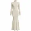 Vestido de tricô de cor sólida com fio core-spun e gola alta, modelo sereia, para mulheres, Vestido de tricô justo de manga comprida da Temu, vestido longo simples