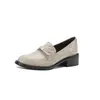 Zapatos de Piel Pequeños para Viaje de Otoño 2026 de Piel de Oveja con Hebilla de Cinturón Mocasines de Tacón Medio Grueso Punta Redonda Piel Genuina Corte Profundo Zapatos de Mujer