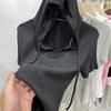 Playera de Manga Corta para Mujer Verano Nueva Estilo Coreano Letra Cinta Sudadera con Capucha Rayas de Foso Playera Casual Blanca Ajustada Top para Mujer