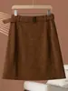 Saia de Couro Camurça Feminina 26 Outono e Inverno Moda Elegante Cintura Alta Emagrecedora Linha A Curta Tamanho Grande