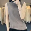 Pulôver feminino de lã penteada cor sólida com gola alta meia-manga, blusa de base solta casual, regata fina de tricô para primavera e verão