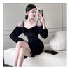 Vestido Negro Pequeño Estilo Hepburn Retro de Estilo Francés para Mujer Otoño e Invierno Manga Larga Costuras de Malla Cuello Cuadrado Cintura Ajustada Cadera