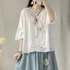 Nueva camisa estilo chino con tapeta diagonal y cierre de botones, mezcla de algodón y lino de verano para mujer, diseño Hanfu modernizado, vestido tipo túnica inspirado en el Zen, top estilo étnico, adecuado para figuras petite