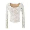 Camiseta de manga larga con escote en U y ribete de encaje de deseo puro estilo coreano para mujer, elegante top ajustado corto de jacquard entallado a la cintura, top de chica popular