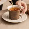 Juego de taza y platillo para café pintado a mano, taza de cerámica de alta estética, taza de oficina, exquisita taza de nicho para latte, taza de té floral