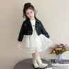 Conjunto de Vestido de Outono para Meninas 2026 Nova Roupa de Primavera Outono para Bebês Jaqueta de Couro Saia de Renda Saia de Princesa Infantil