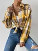 Cardigan Feminino Xadrez Longo de Manga Longa com Lapela, Cordão, Estilo Retrô, Tendência de Rua 2022, Bolso