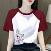 Camiseta Estampada de Manga Corta con Bloques de Color Patchwork Estilo Diseñador para Mujer, Talla Grande, Top Adelgazante, Comercio Exterior Transfronterizo