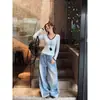 Capa base de punto de manga larga con bloques de color y cuello en V azul para mujer, nuevo suéter ajustado otoño/invierno, camiseta interior, top elegante