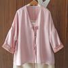 Camisa de corte holgado con ácido acético Guofeng Vestido para mujer con botón oblicuo y mangas raglán Top de jacquard de talla grande con mangas de siete cuartos