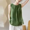 2025 Verano Nuevo Vintage Holgado Adelgazante Versátil Algodón Lino Sin Mangas Camiseta sin Mangas Color Sólido Versátil Camisa Base