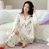 Algodón PuroPijama de Manga Larga para Mujer Otoño Nuevo Estilo Cárdigan Dibujos Animados Pantalones Largos Lindo Lunares Conjunto de Ropa para el Hogar Primavera Otoño