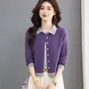 2026 Novo Cardigan de Tricô Color Block com Gola Lapela Feminino Primavera Outono Estilo Curto Petite Fashionável Redutor de Idade Versátil Casaco Suéter