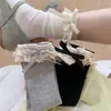 Meias com Laço de Renda Femininas Meia-canela com Babados Branco-Cinza Primavera/Outono Meias de Algodão Estilo Ballet com Sapatos Pequenos de Couro