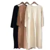 Vestido de Algodão e Linho Feminino Midi Estilo Coreano Solto Tamanho Grande Moda Bolso Grande Vestido Casual de Linho